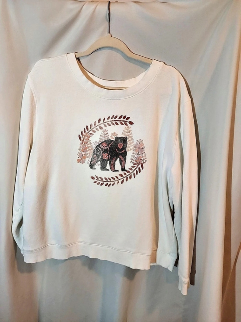 Sundance Folk Art Black Bear Crewneck Sweatshirt Cream Ivory XLarge